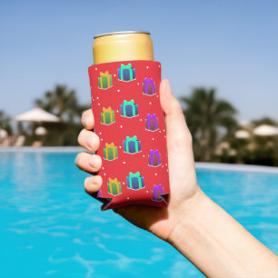 Colourful gift boxes on red seltzer can cooler