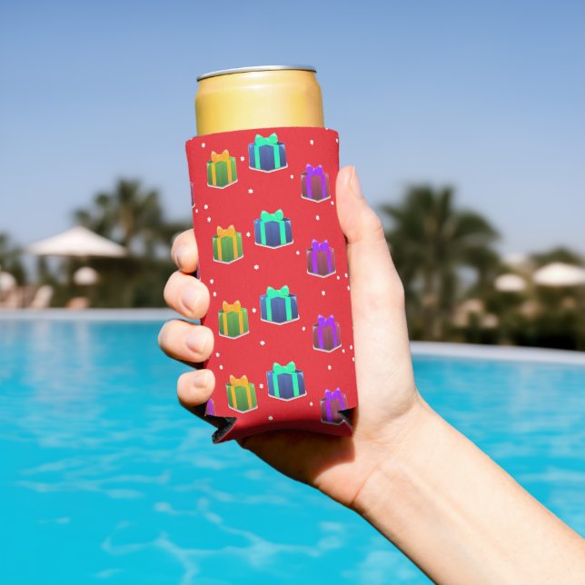 Colourful gift boxes on red seltzer can cooler (In Situ Pool)