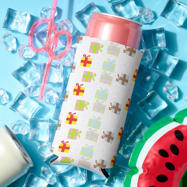 Colourful gift boxes on white seltzer can cooler (In Situ Summer)