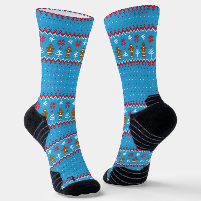 Colourful Gingerbread Festive Christmas gift Blue Socks (Angled)