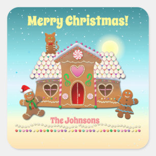Colourful Gingerbread House With A Cat On The Roof Square Sticker