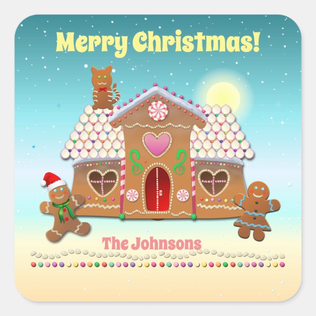 Colourful Gingerbread House With A Cat On The Roof Square Sticker (Front)