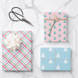Colourful Gingham and Christmas Trees Wrapping Paper Sheet
