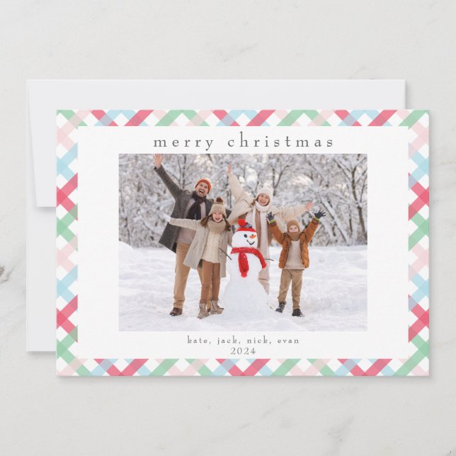 Colourful Gingham Check Christmas Photo  Holiday Card (Front)