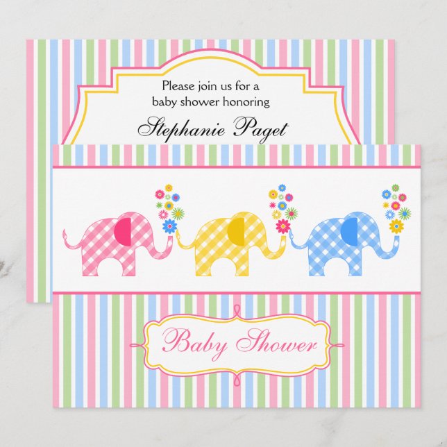 Colourful Gingham Elephants Baby Shower Invitation (Front/Back)