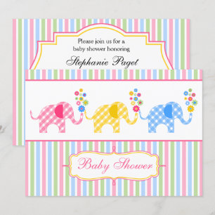 Colourful Gingham Elephants Baby Shower Invitation