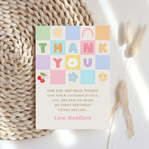 Colourful Gingham Girl 1st Birthday Thank You Card