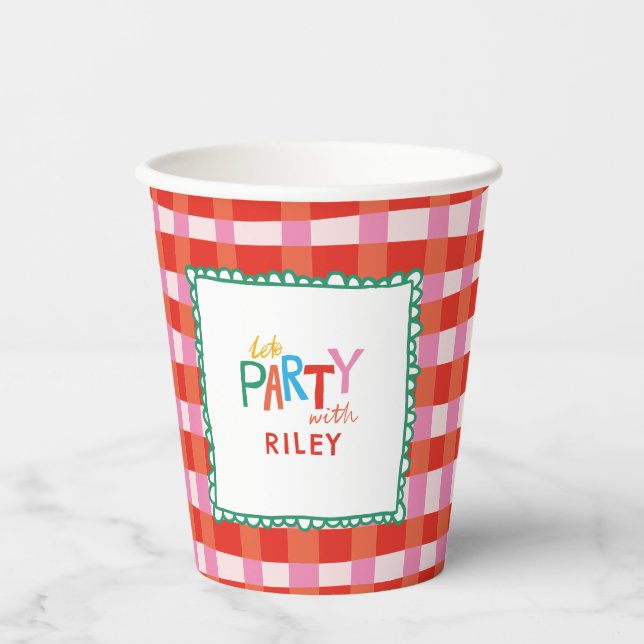 Colourful Gingham "Let’s Party" Custom Name Kids Paper Cups (Front)