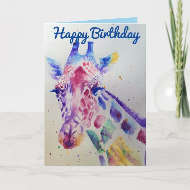 Colourful Giraffe Animal Watercolour Birthday Card (Front)