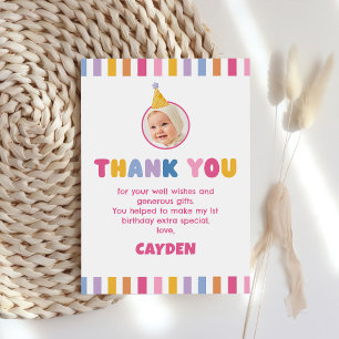 Colourful Girl 1st Birthday Photo Thank You Card