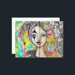 Colourful Girl Jester Black White Fun Whimsical Ar Postcard<br><div class="desc">This whimsical art postcard was created from my original painting of a cool artsy girl with fun black and white quirky hand lettering on the front and a black and white artistic jester girl covered in modern doodles with a bright, colourful background with shades of bright yellow, turquoise blue green,...</div>