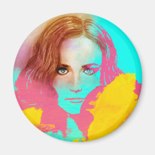 Colourful Girl Pop art, Round Magnet - Intense