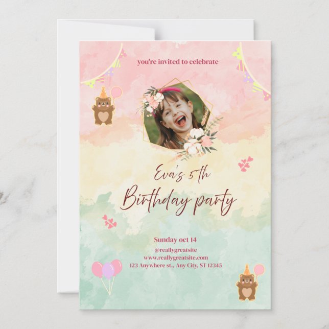Colourful Girl’s 5th Birthday Invitation Design  (Front)