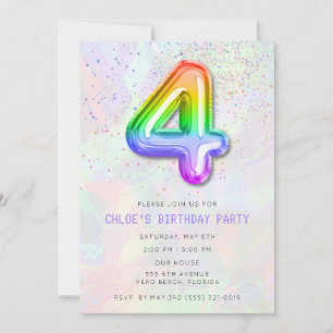 Colourful Girl's 4th Birthday Balloon Party Invitation