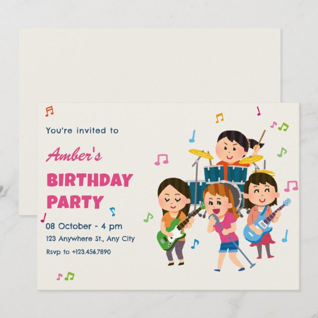 Colourful Girls band music performing birthday Invitation (Front/Back)