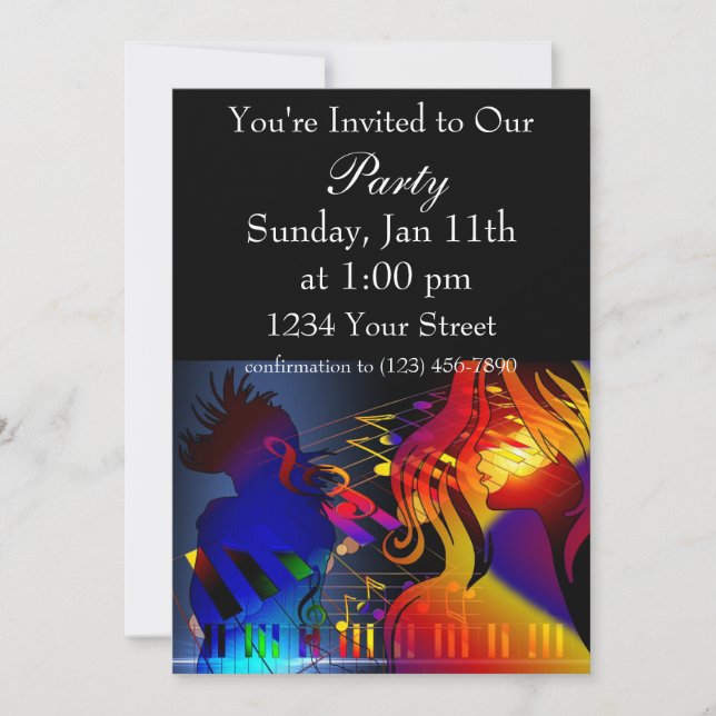 Colourful girls dancing and musical notes invitation (Front)