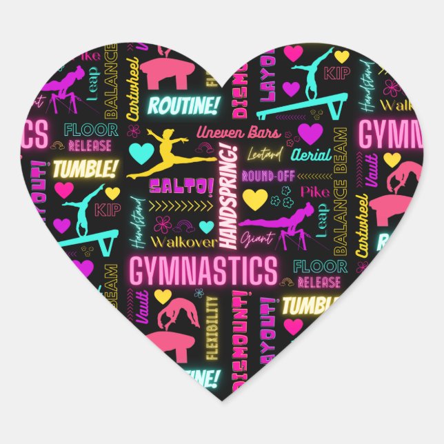 Colourful Girls Gymnastics Glossary Typography  Heart Sticker (Front)