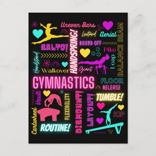 Colourful Girls Gymnastics Glossary Typography   Postcard (Front)