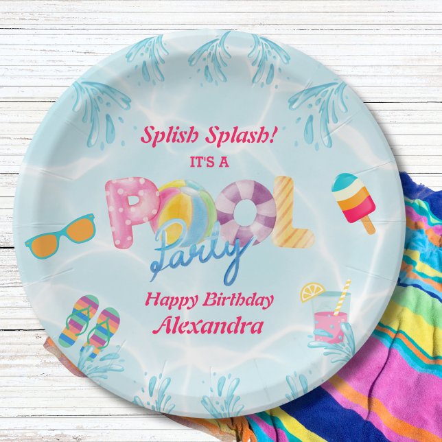 Colourful Girls Swimming Pool Birthday Party Paper Plate (Creator Uploaded)