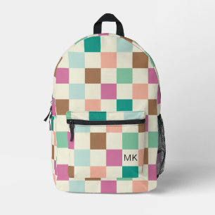 Colourful Girly Chequerboard Monogram Initials Printed Backpack