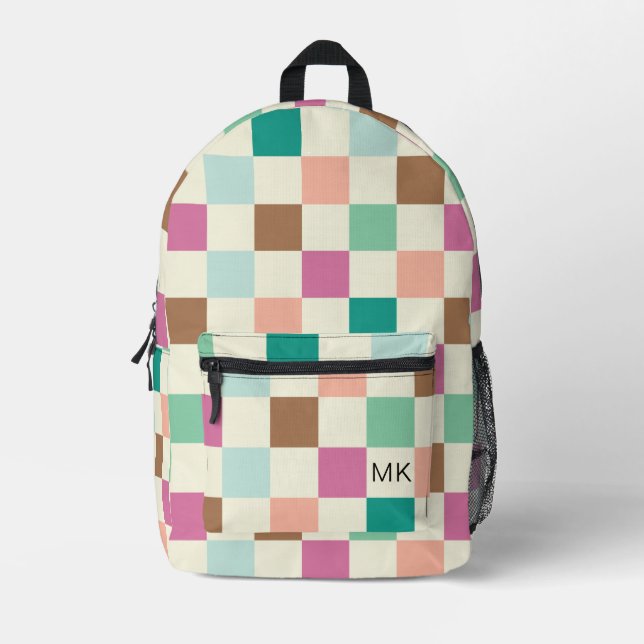Colourful Girly Chequerboard Monogram Initials Printed Backpack (Front)