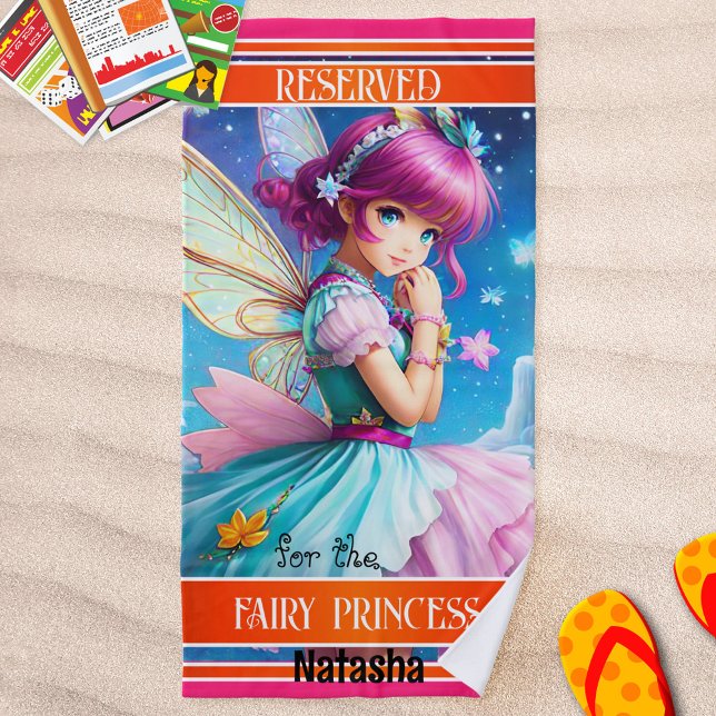 Colourful Girly Fairy Princess  Beach Towel (Beach towel with a modern design with a fairy princess in bright colors with orange and pink stripes)