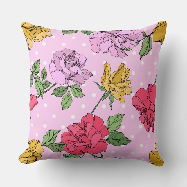Colourful girly floral graphic ink roses pink, red cushion (Front)
