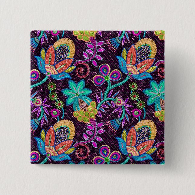 Colourful Glass Beads Look Retro Floral Design 15 Cm Square Badge (Front)