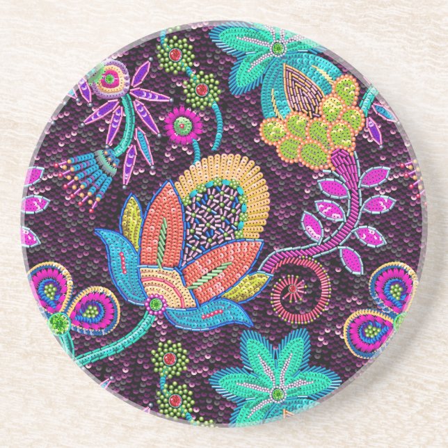Colourful Glass Beads Look Retro Floral Design Coaster (Front)