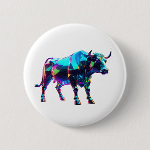 Colourful Glass Bull Digital Art – Vibrant Neon 3D 6 Cm Round Badge