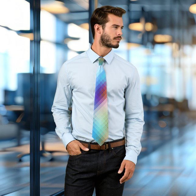 Colourful Glass Mosaic Chequered Tie (A modern design tie featuring a mosaic checkered pattern in the vibrant colors of a sunset at sea)