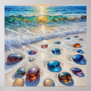 Colourful Glass Stones by the Ocean Waves Poster