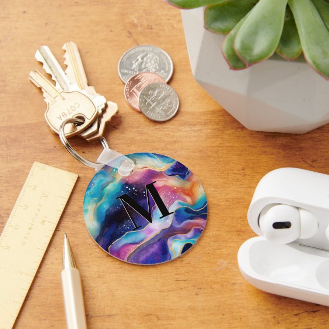 Colourful Glitter Agate Pattern Monogram Key Ring (Desk)
