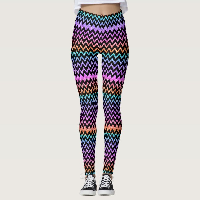 Colourful Glitter & Black Chevron Leggings (Front)