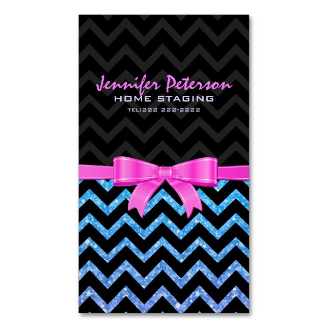 Colourful Glitter Black Zigzag Chevron Pattern 2 Magnetic Business Card (Front Vertical)