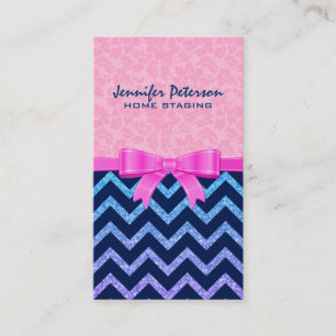 Colourful Glitter Blue Chevron Pink Damasks Business Card