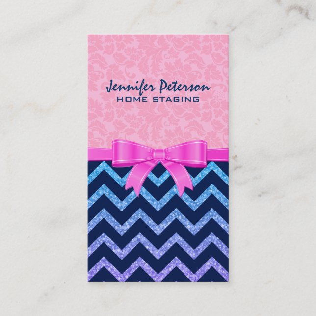 Colourful Glitter Blue Chevron Pink Damasks Business Card (Front)