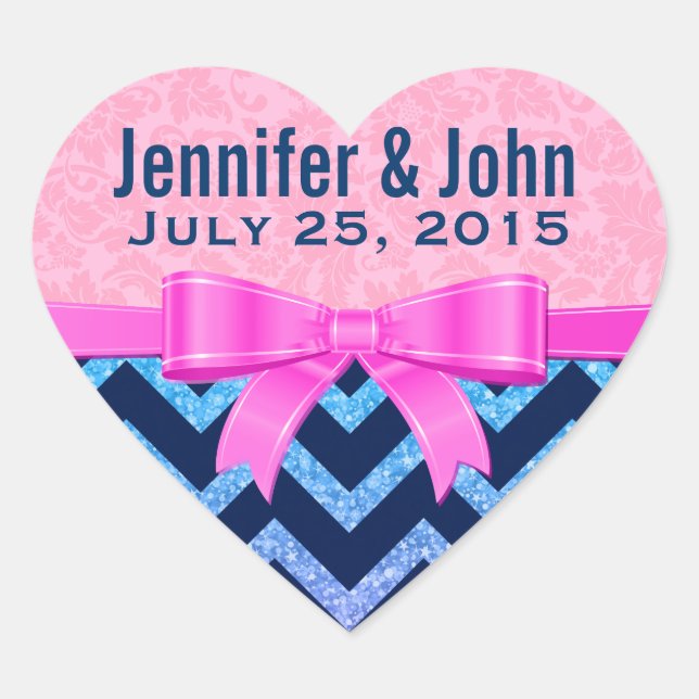 Colourful Glitter Blue Chevron Pink Damasks Heart Sticker (Front)