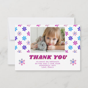 Colourful Glitter Flowers Birthday Girl Photo Thank You Card