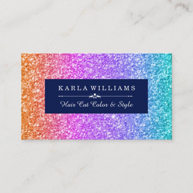 Colourful Glitter Gradient & Midnight-Blue Accents Business Card (Front)