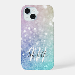 Colourful Glitter Pretty Bokeh Monogrammed iPhone 15 Case