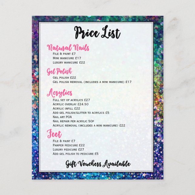 Colourful Glitter Price List Nails Services Flyer (Front)