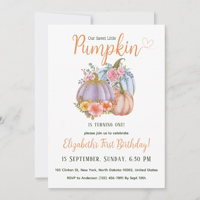 Colourful Glitter Pumpkin Themed Kids Birthday Invitation (Front)