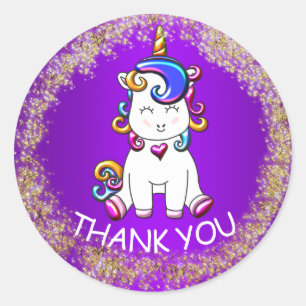 Colourful Glitter Purple Unicorn Birthday Classic Round Sticker