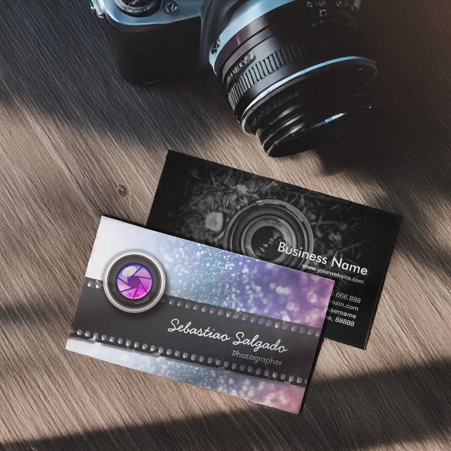 Colourful Glitter Sparkles Photographer Camera Len Business Card (Creator Uploaded)