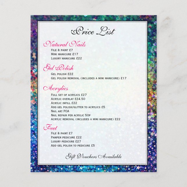 Colourful Glitter Texture Price List Flyer (Front)