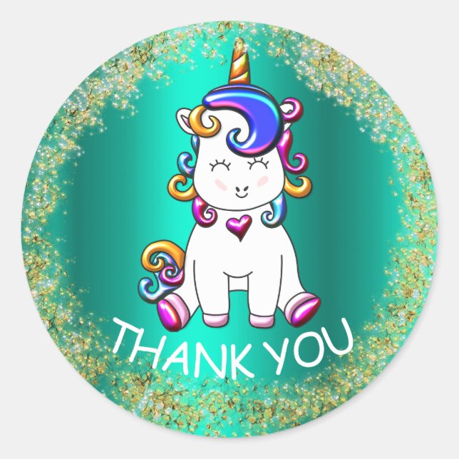 Colourful Glitter Unicorn Birthday Classic Round Sticker (Front)