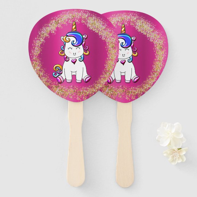 Colourful Glitter Unicorn Birthday Pink Hand Fan (Front and Back)