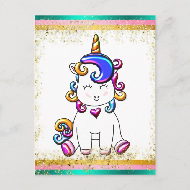 Colourful Glitter Unicorn Birthday Postcard (Front)