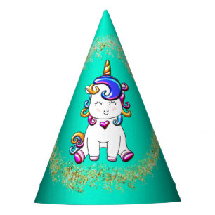 Colourful Glitter Unicorn Birthday Teal Party Hat